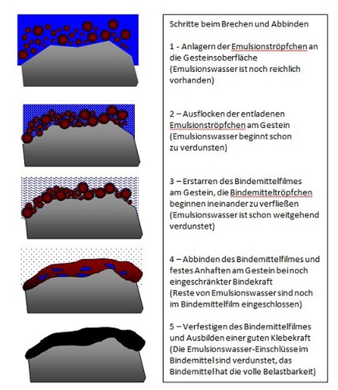 Schematische Darstellung der Schritte beim Brechen und Abbinden einer "Unstabilen Bitumenemulsion" am Gesten
