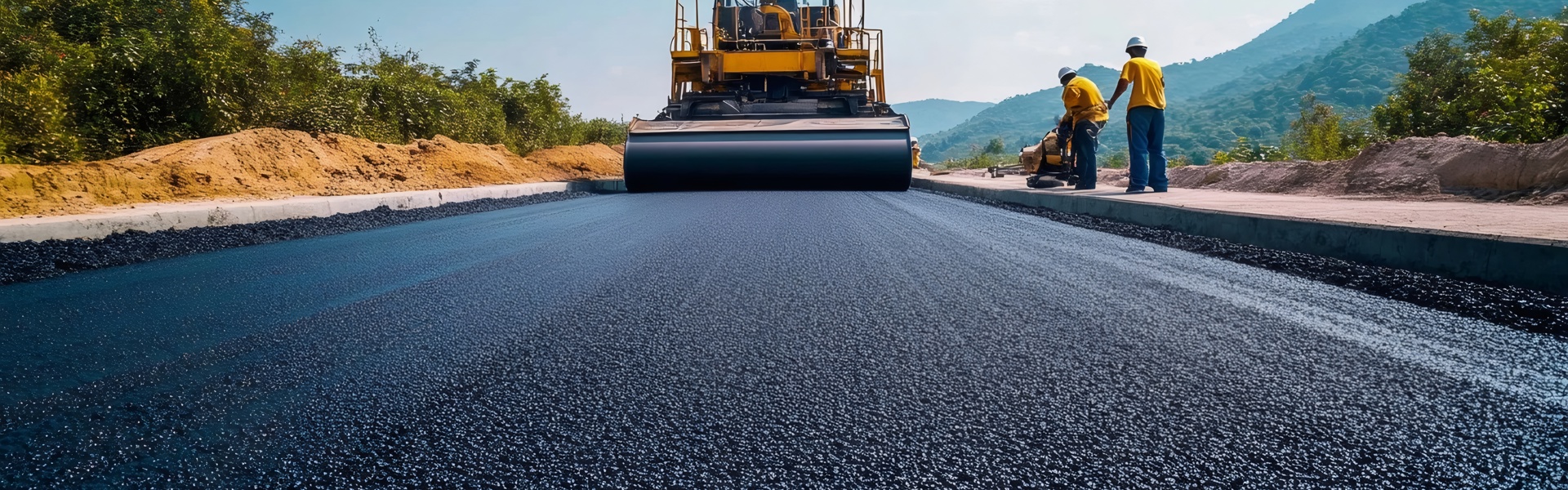 Straßenwalze beim Einebnen von frischem Asphalt auf einer Autobahnbaustelle
