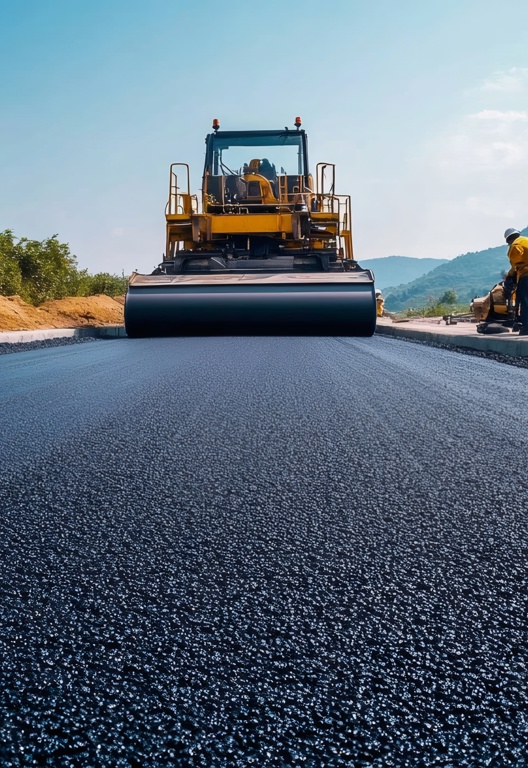 Straßenwalze beim Einebnen von frischem Asphalt auf einer Autobahnbaustelle