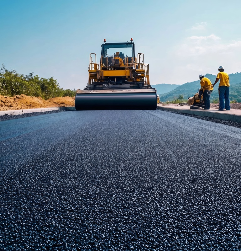 Straßenwalze beim Einebnen von frischem Asphalt auf einer Autobahnbaustelle