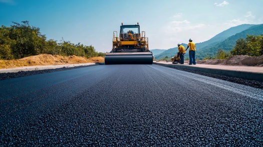 Straßenwalze beim Einebnen von frischem Asphalt auf einer Autobahnbaustelle